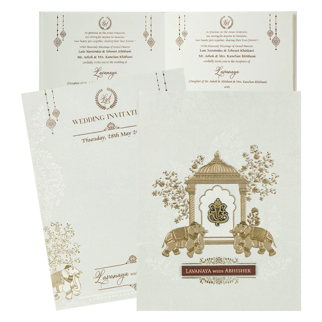 White Ganesha Arch Wedding Card-KRE27780