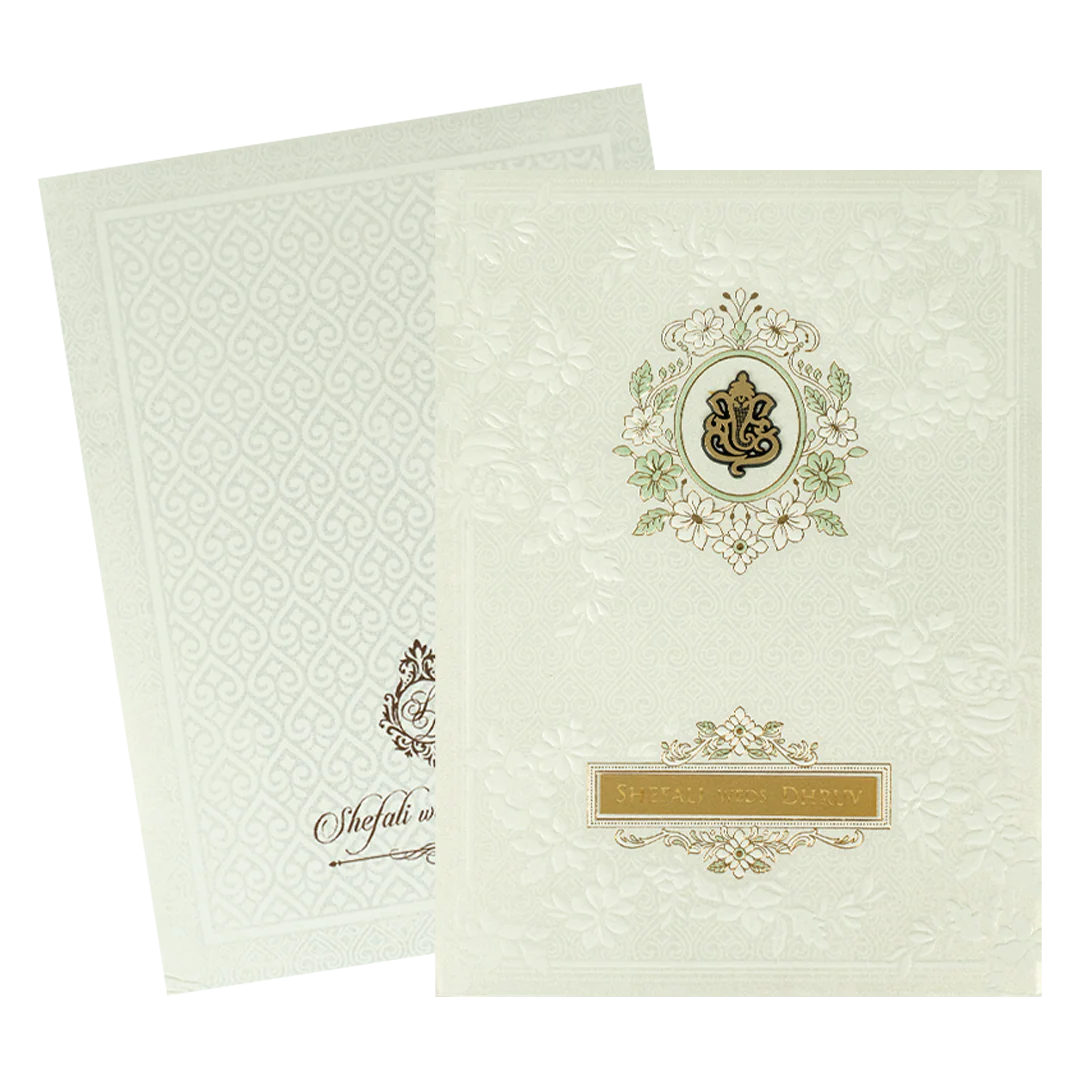 White Ganesha Embossed Padded Wedding card-KRE28190 - Image 2
