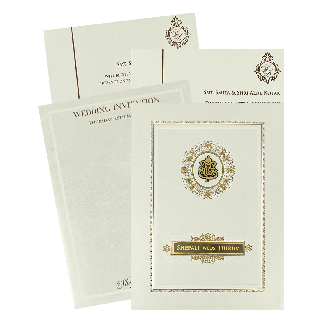 White Ganesha Floral Padded Wedding card-KRE28210