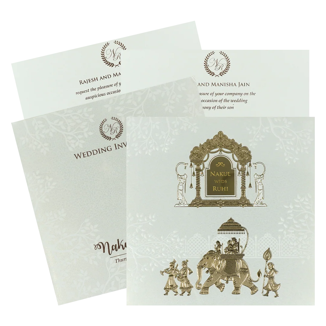 White Gold Arch Elephant Padded Wedding card-KRE28280