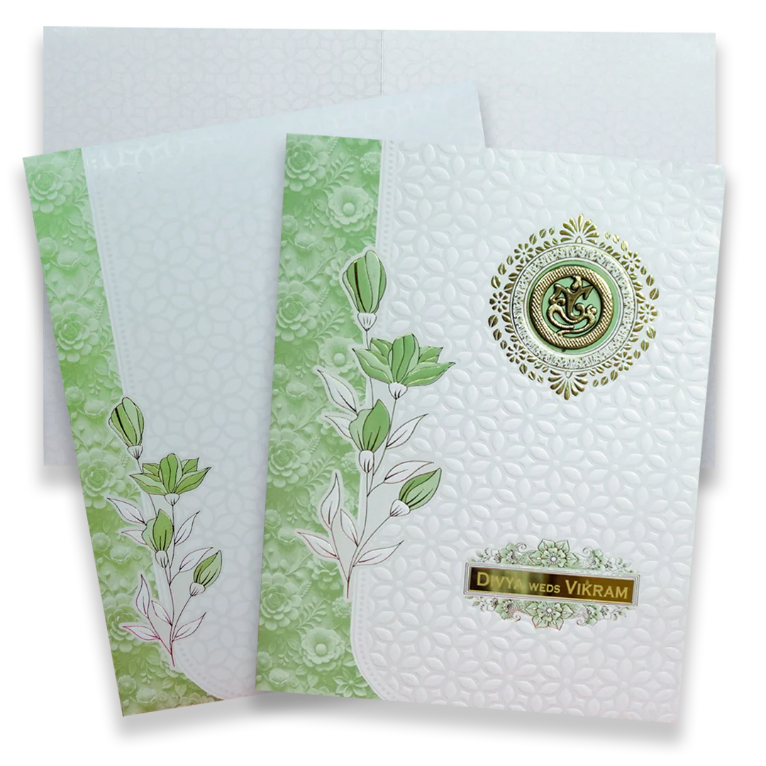 White Green Floral Wedding Card - KNJS2086G
