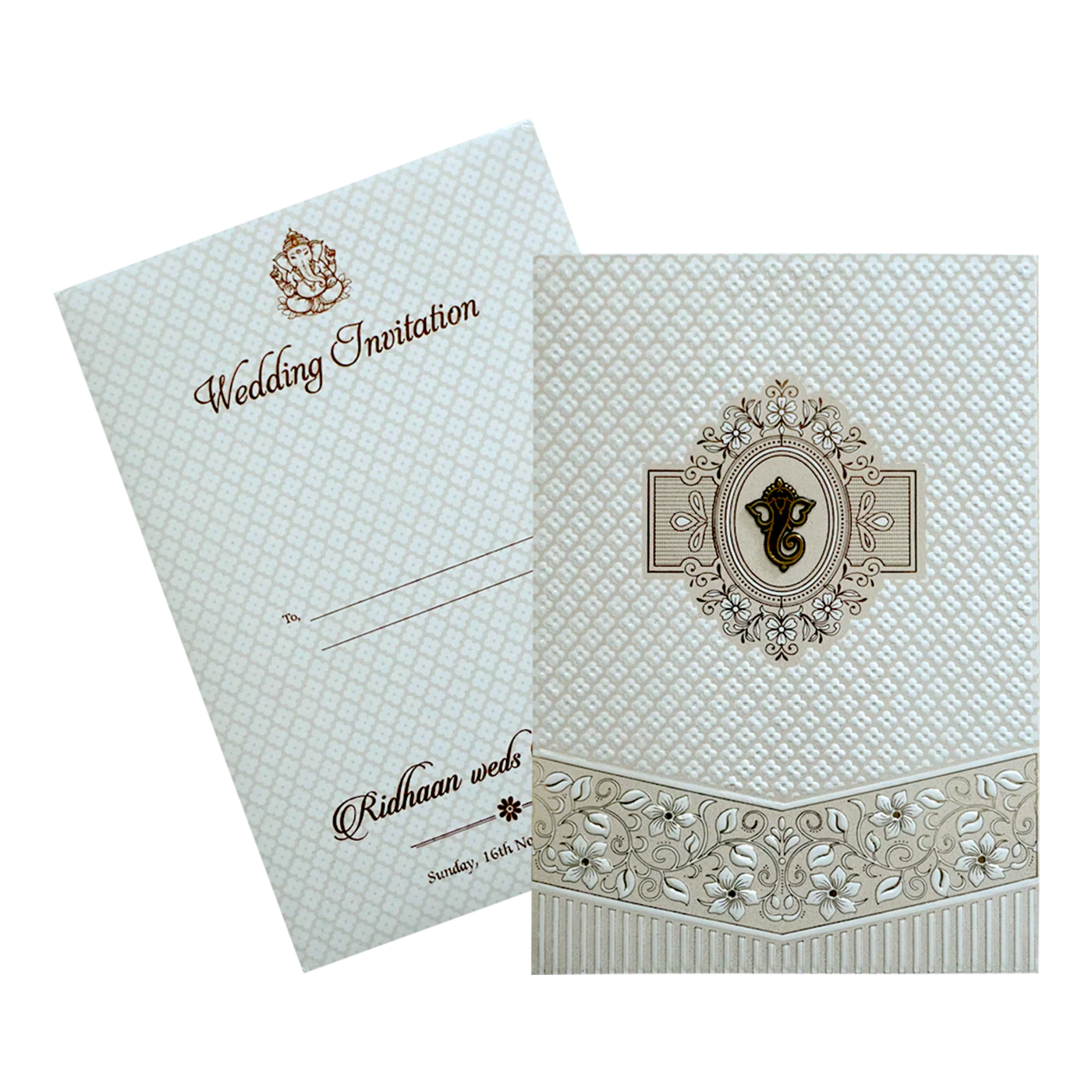 White Quilted Floral Ganesh Wedding Card - KVN07180 - Image 2