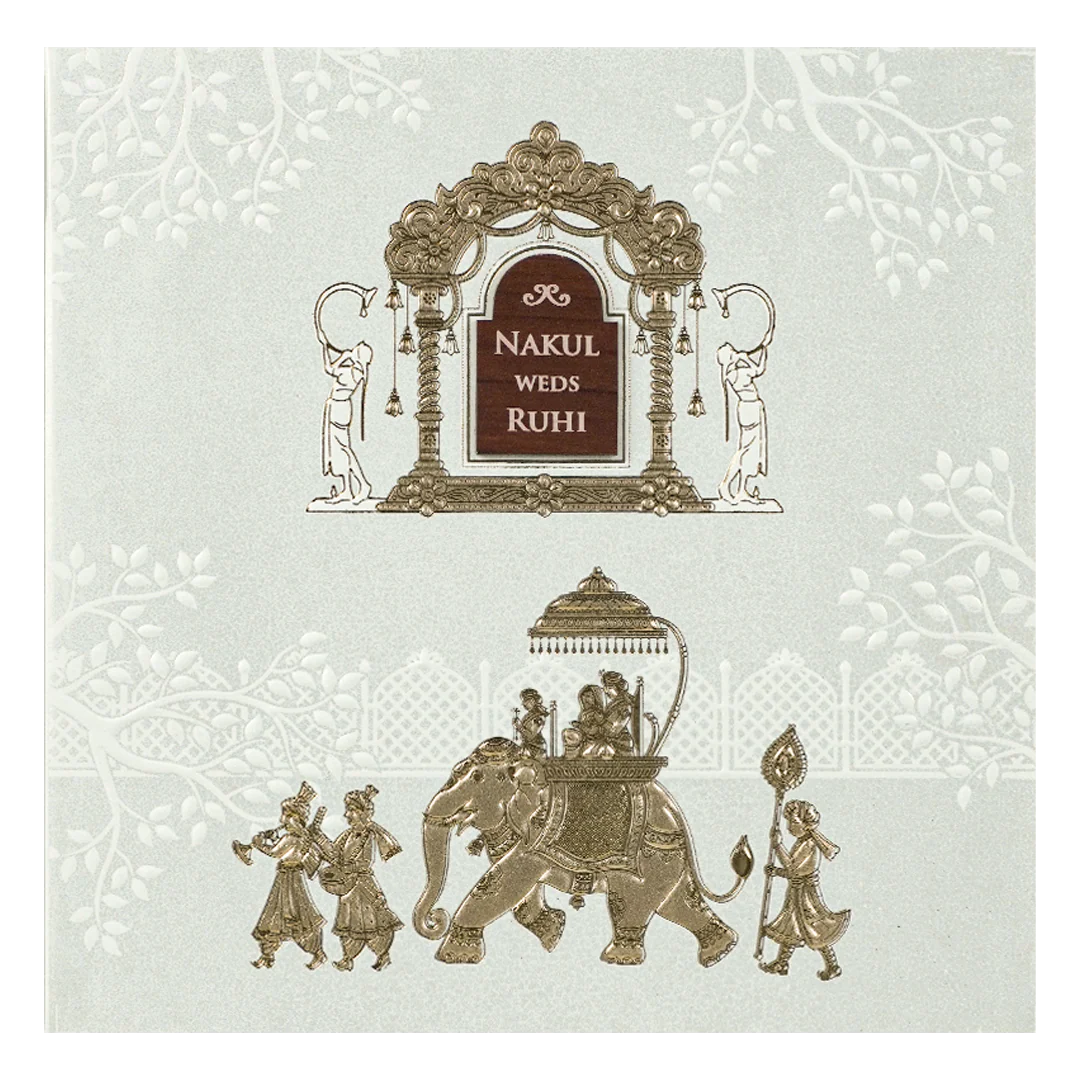 White Royal Procession Elephant Wedding Card-KRE28540 - Image 3