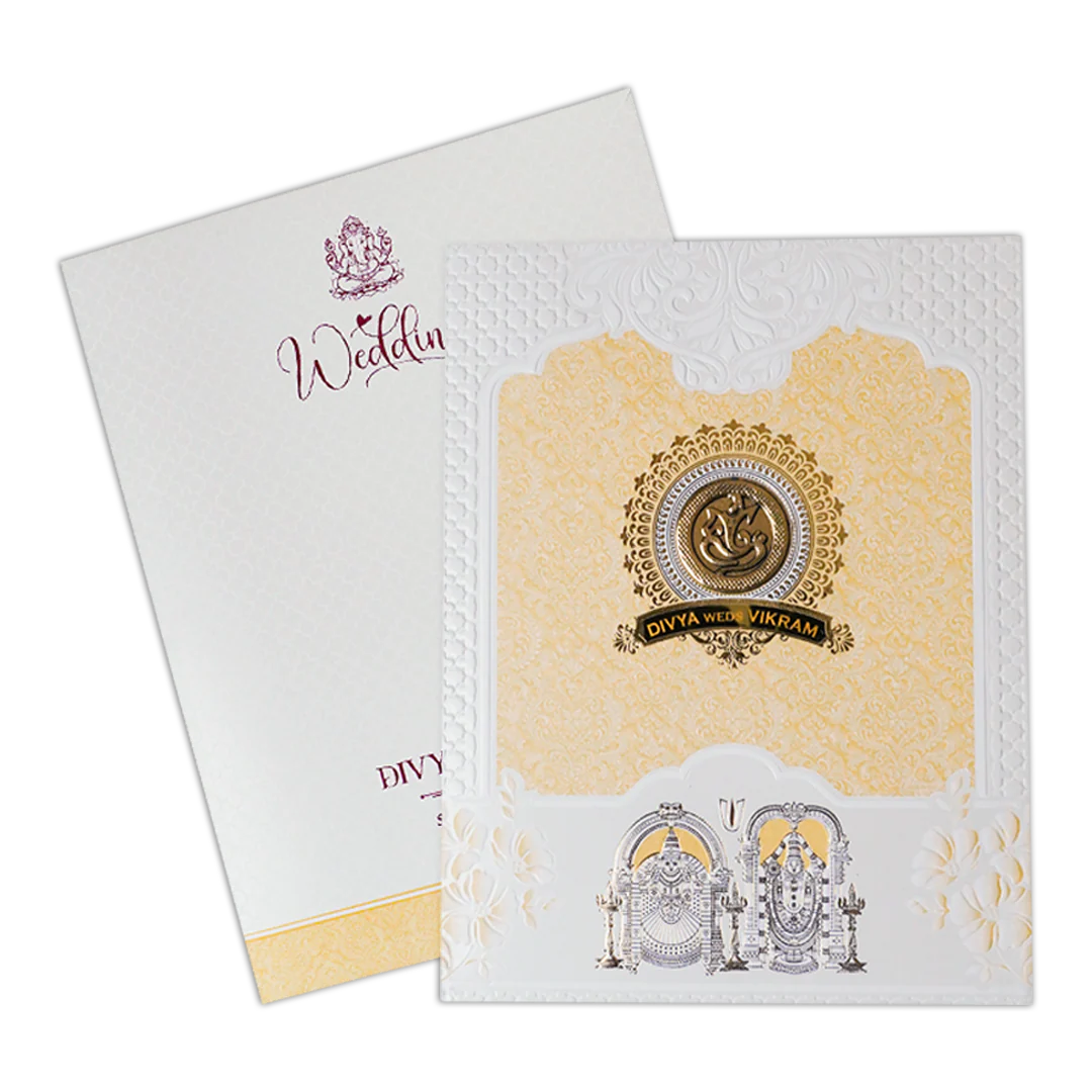 Yellow Embossed Balaji Padded Wedding Card-KNMS9310 - Image 2